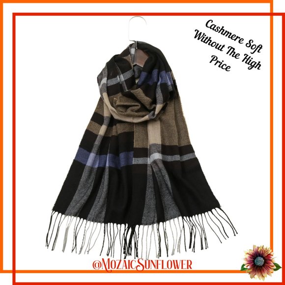 Plaid Fringe Hem Soft Scarf Shawl Primary Browns, Blues, and Accent White - Picture 1 of 5